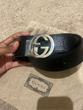 Gucci Black Embossed GG Kids Leather Belt with Silver Interlocking G Buckle